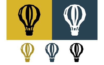 Pictogram van een heteluchtballon op een gele en blauwe achtergrond.