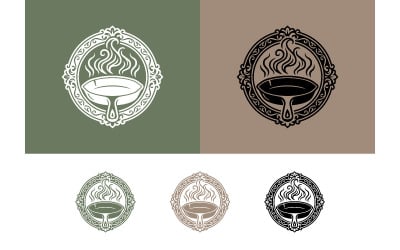 Frying pan logo with ornate frame and steam.