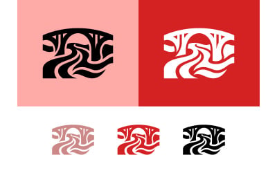 Diseño de logotipo tribal de río con puente sobre fondo rosa.