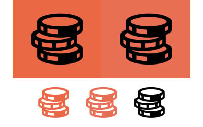 Icono de pila de monedas simple, naranja y negro.