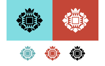 Diseño de emblema de CPU con corona y elementos abstractos.