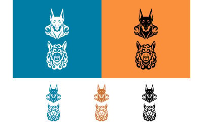 Conjunto de diseños de logotipos con cabezas de perro y llama.