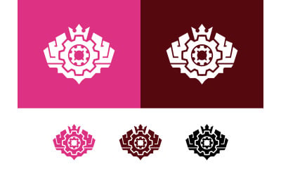 Diseño de logotipo tribal de corona de engranajes sobre fondo rosa.