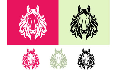 Diseño de logotipo con cabeza de caballo y crin ondulada.