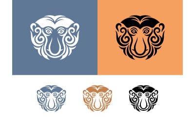 Diseño de logotipo tribal con cara de mono sobre fondo azul.