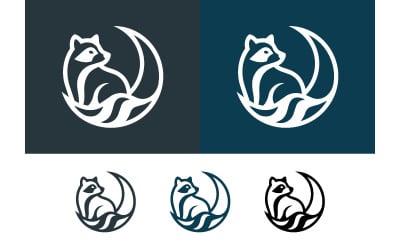 Diseño de logotipo de mapache sobre una base con forma de media luna.