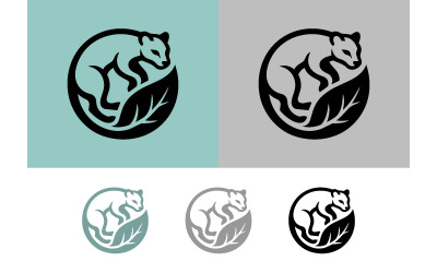Logo met slapende opossum, blad, grijsgroen en zwart.