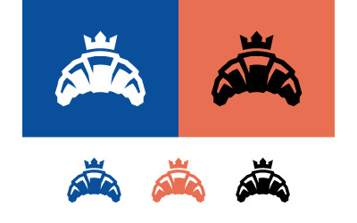 Croissant con logo de corona sobre fondo azul y naranja.