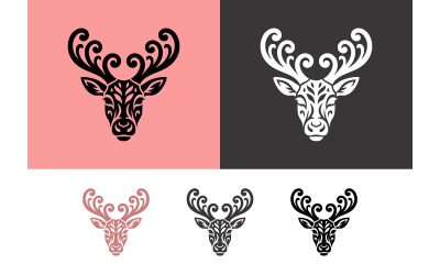 Logotipo de cabeza de ciervo con astas ornamentadas sobre fondo rosa.