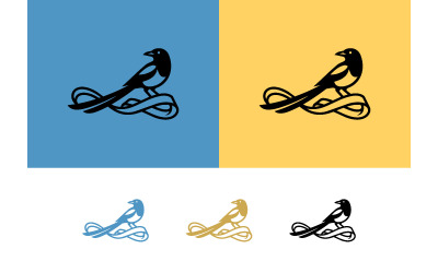 Elegante ave urraca sobre un elemento decorativo en espiral.