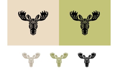 Emblema con forma de cabeza de alce, con detalles y colores intrincados.