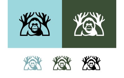Rostro de orangután con ramas de árbol sobre fondo verde.
