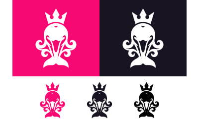 Logotipo caprichoso de una reina ballena con corona y detalles ornamentados.