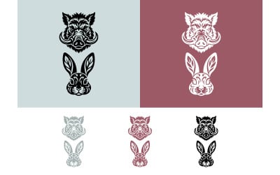 Cabezas de jabalí y conejo con motivos y colores tribales.