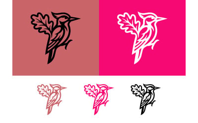 Diseño de logotipo de pájaro carpintero con hojas de roble sobre fondo rosa.