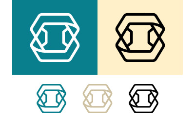 Logo hexagonal abstrait de couleur turquoise et beige.