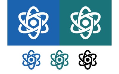 Atom logo in blue and teal shades for science.