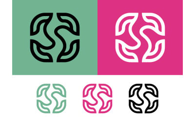 Abstract swirl shape logo design on green pink background.