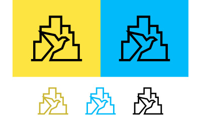 Bird logo with city skyline yellow blue backgrounds.