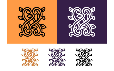Ozdobne logo w formie zawijasów w kolorze pomarańczowym i fioletowym.