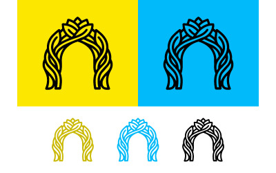 Logotipo em forma de arco floral nas cores amarelo e azul.