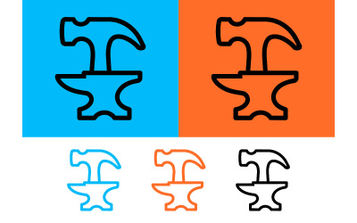 Hammer and anvil icon set blue orange black.