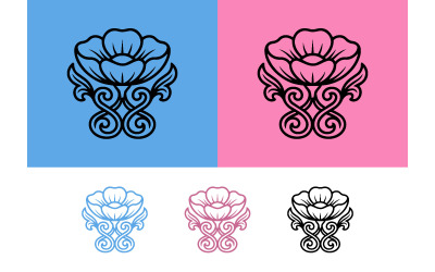 Hibiscus floral emblem design on blue background.