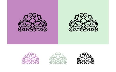 Peony floral emblem design on purple background.