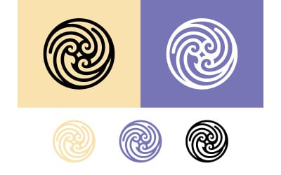 Celtic swirl emblem on beige and purple backgrounds.