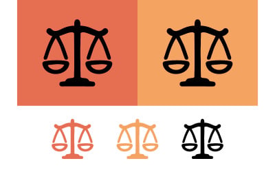Justice scales logo orange and peach backdrop.