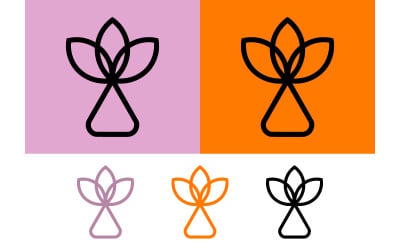 Abstract lotus icon on purple and orange backgrounds.