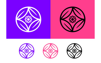 Circular floral icon on purple and pink backgrounds.