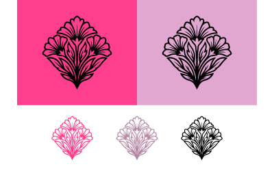 Floral emblem design in pink and purple tones.