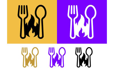 Fork spoon and fire cooking icon yellow purple black.