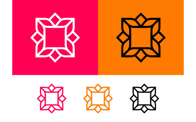 Geometric flower icon on pink and orange backgrounds.