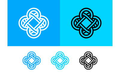 Interlocking knot symbol in blue and white design.