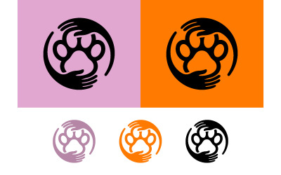 Logo de mains en empreintes de pattes, variations rose, orange et noir.