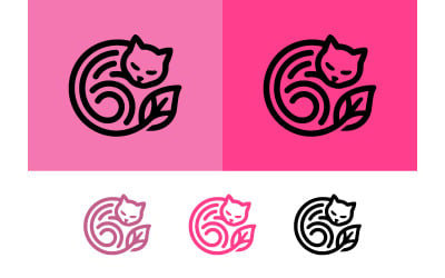 Sleeping cat curled with leaf logo design.