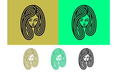 Stylized woman face with long flowing hair design.
