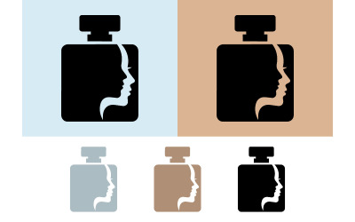 Perfume bottle with profile silhouette logo.