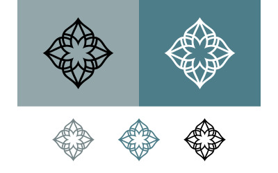 Geometric floral star design in outline on blue-grey.
