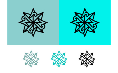 Geometric snowflake icon on blue background.