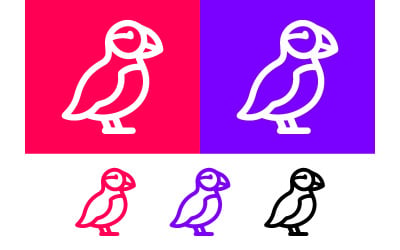 Puffin icons on pink and purple backgrounds art.