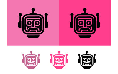 Robot head face icon pink black white.