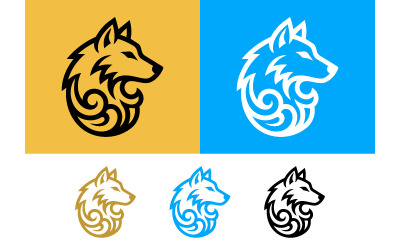 Wolf head graphic icon with tribal elements.