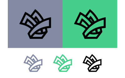 Abstract geometric emblem design on color backgrounds.