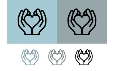 Hands holding heart icon blue background.
