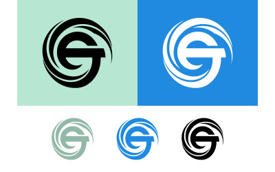 Letter G logo in black and blue with swirls.