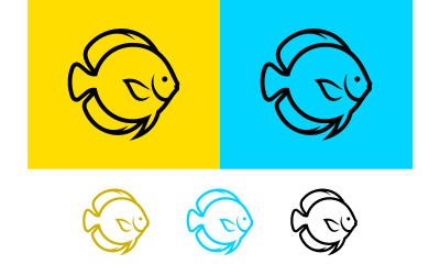 Fish logo design on yellow and blue backgrounds.