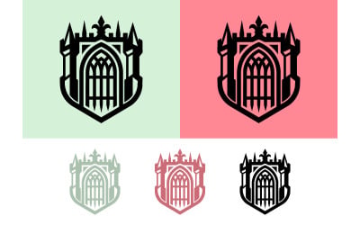 Gothic castle emblem with ornate window designs.